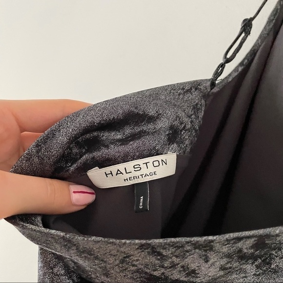 HALSTON Cowl Neck Metallic Slip Mini Dress in Gunmetal - Picture 15 of 16